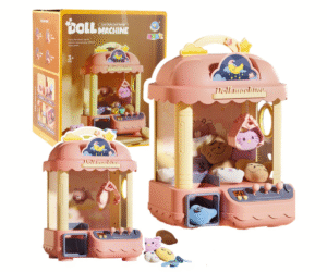 Roosa mänguautomaat pehmete mänguasjadega tulede ja helidega