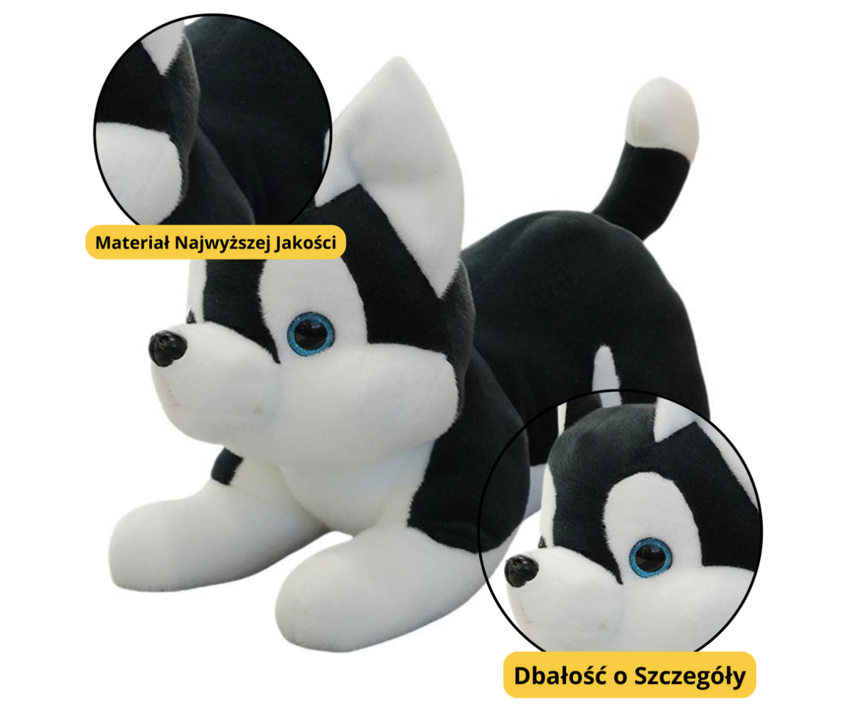 Detailne lähenemine pehme kaisuka Husky koera must ja valge kujule, kvaliteetne materjal.