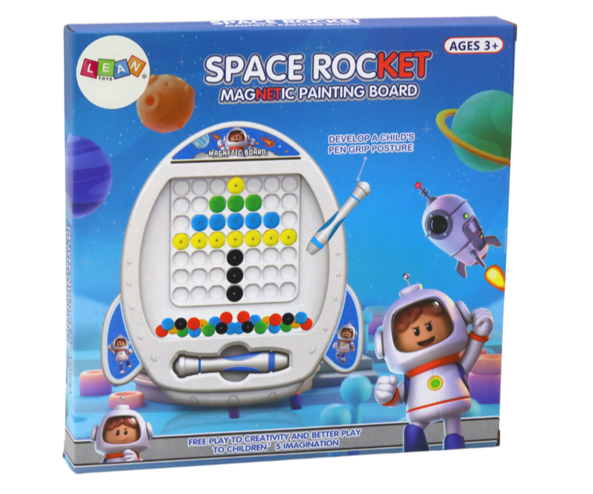 Magnettahvel Space Rocket pakendis, zavürdustav mänguasi laste loovuse ja mängimise jaoks.