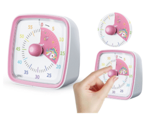 Äratus- ja valgusfunktsiooniga taimer Ükssarvikuga - Oluline ajafunktsioon Äratus- ja valgusfunktsiooniga taimer Ükssarvikuga vaade, näidates roosa nuppu ja värvilisi numbreid.