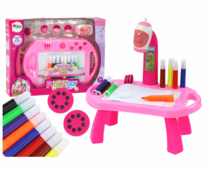 Laste joonistusprojektor jalgadel – roosa, koos eri värvi markeritega.