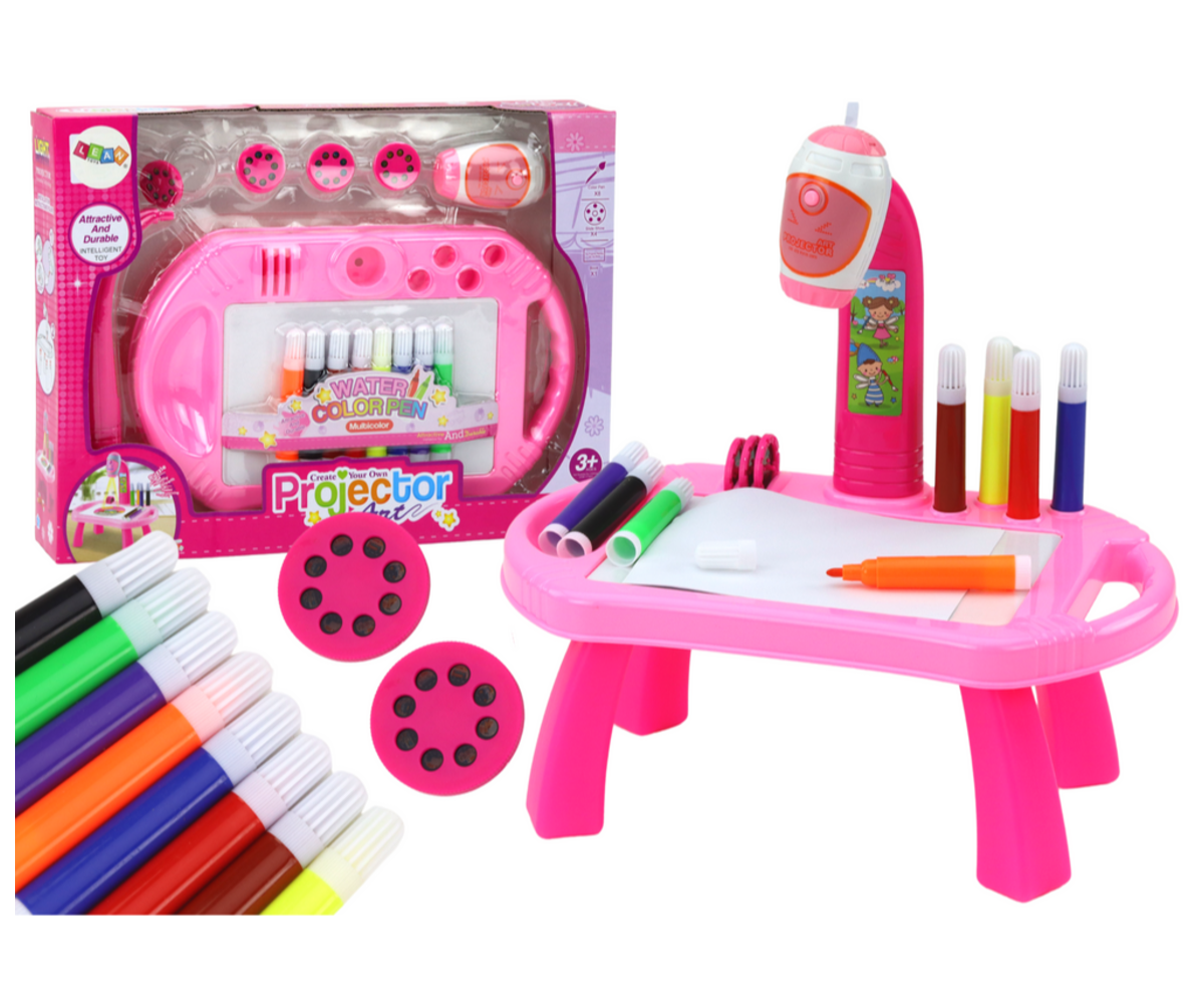 Laste joonistusprojektor jalgadel – roosa, koos eri värvi markeritega.