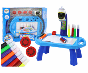 Laste joonistusprojektor jalgadel – sinine ning värvilised markerid ja tarvikud