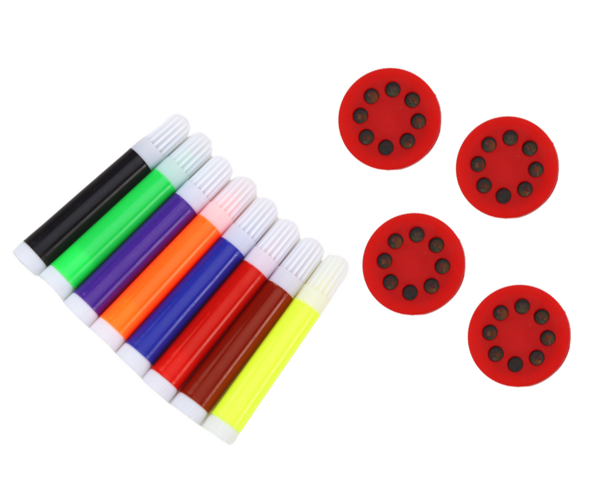 Värvilised markerid ja punased tarvikud laste joonistusprojektori jaoks