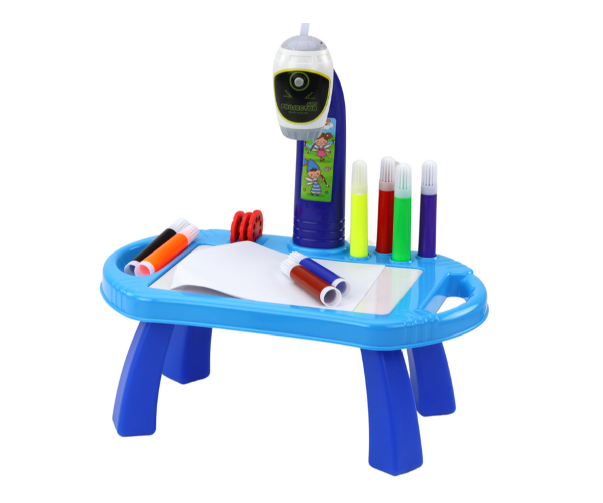 Laste joonistusprojektor jalgadel – sinine koos valge paberiga tööpingil