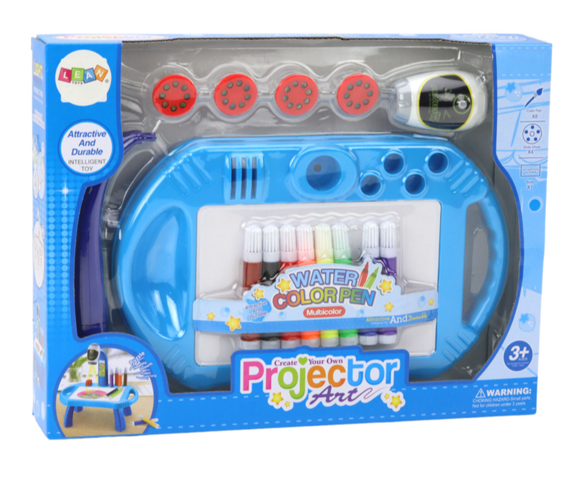 Laste joonistusprojektor jalgadel – sinine pakend ja toote sisu