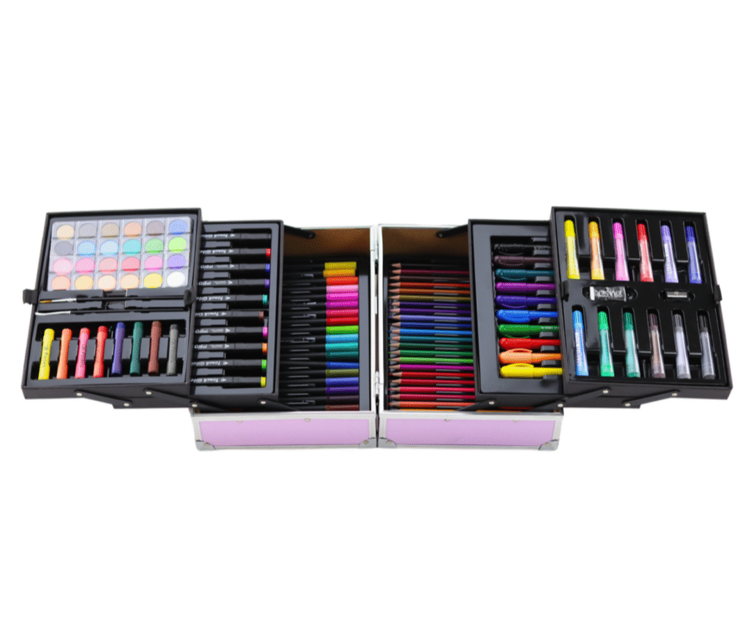 Kunstikomplekt volditavas kohvris ükssarvikuga – 133 osa, detailne vaade avatud kohvrile