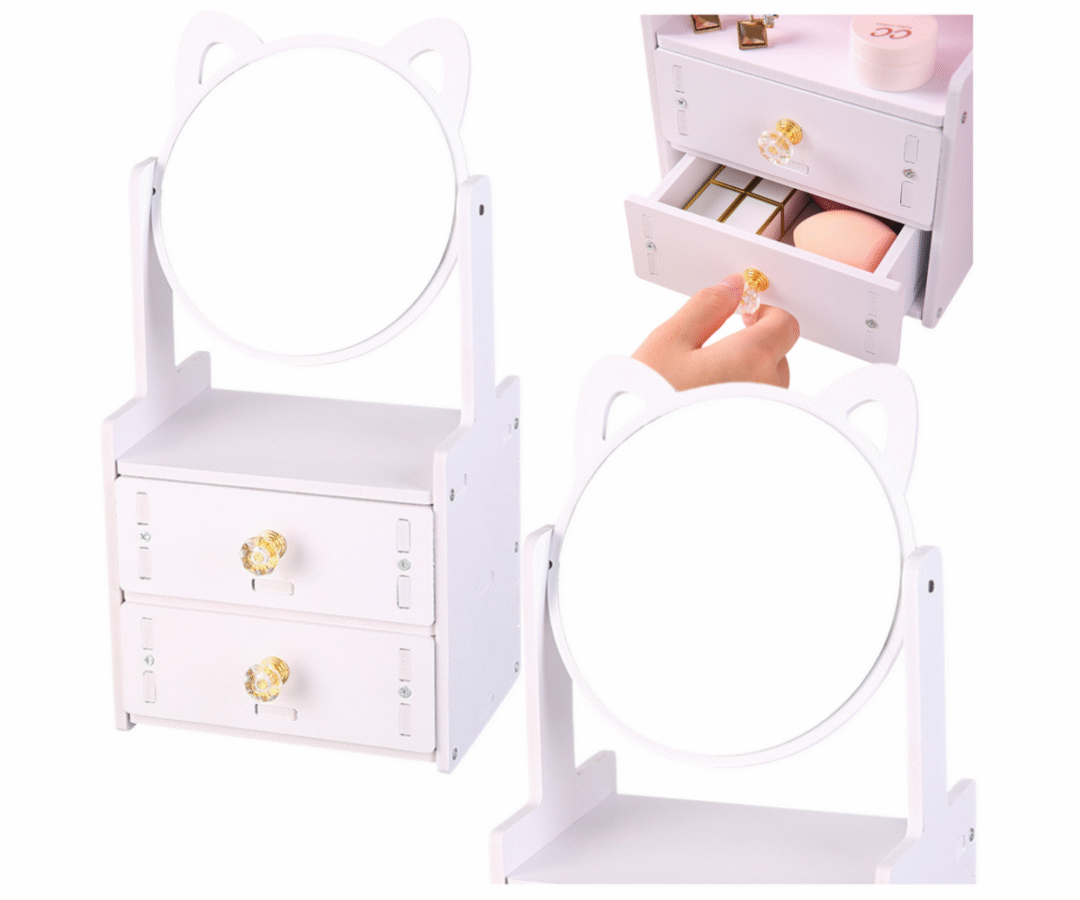 Puidust väike meigilaud 2 sahtliga ja peegliga – valge, koos ülemise peegliga ja kahe sahtliga