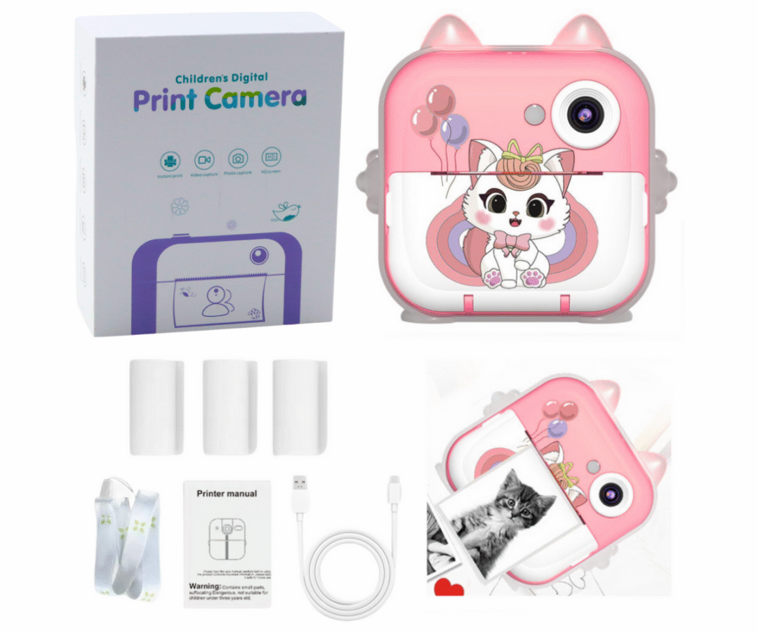 Komplekt, mis sisaldab laste kiirkaamerat roosa kassi disainiga, trükkimine ja tarvikud.