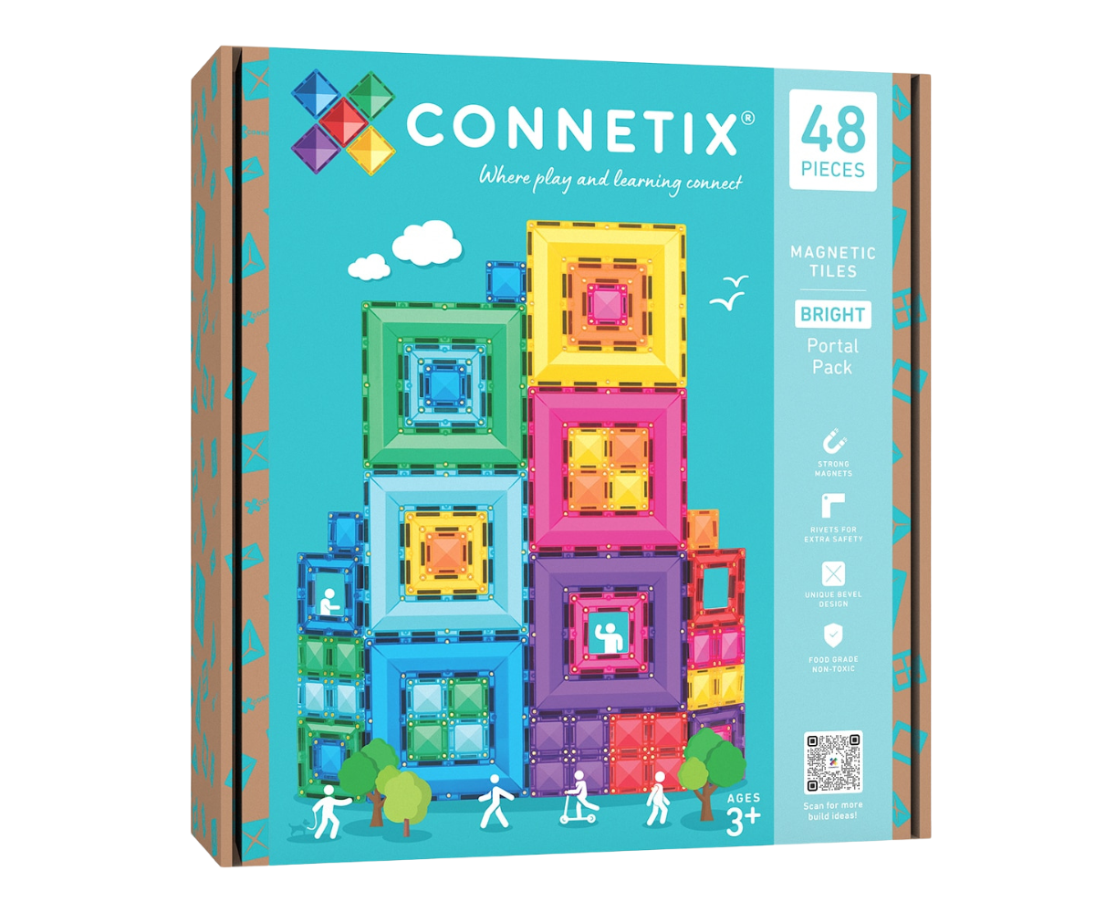 Laps ehitab Connetix magnetklotsidest värvilise torni ja portaalistruktuuri
