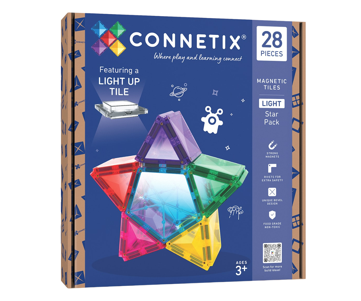 Laps mängib Connetix Light Star Pack magnetklotsidega ja loob valgusega 3D kujundi