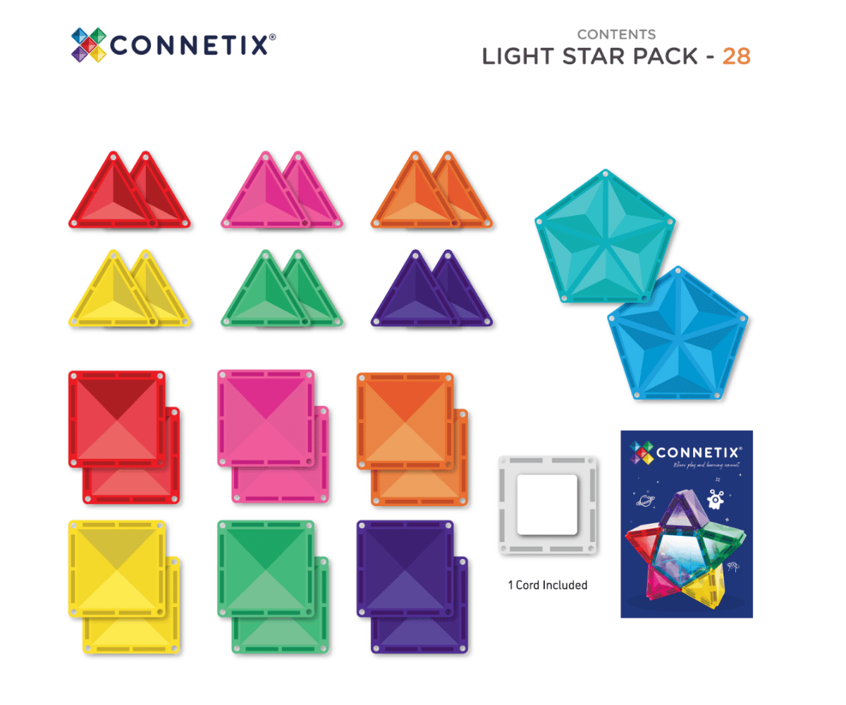 Connetix magnetklotside valgusega ruut valgustab värvilisi ehitisi pimedas toas