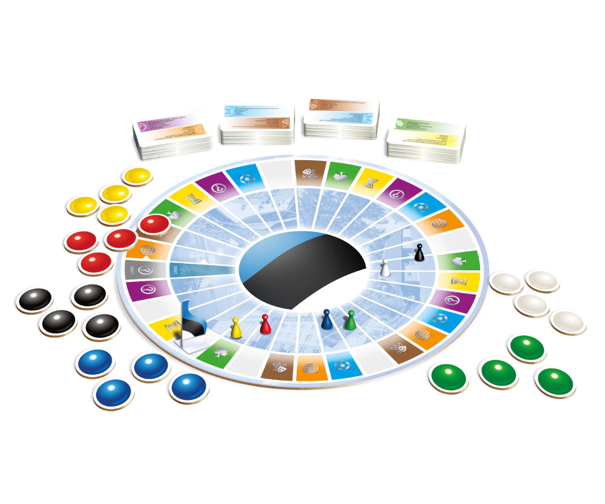 Eesti mälumängu mängulaud ja värvilised mängunupud laual