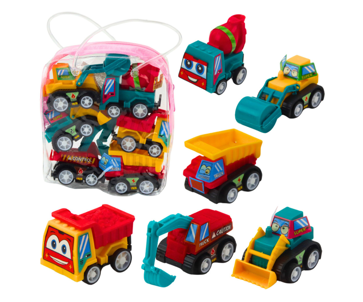 Ehitusautode komplekt kuue minimasinaga läbipaistvas kotis