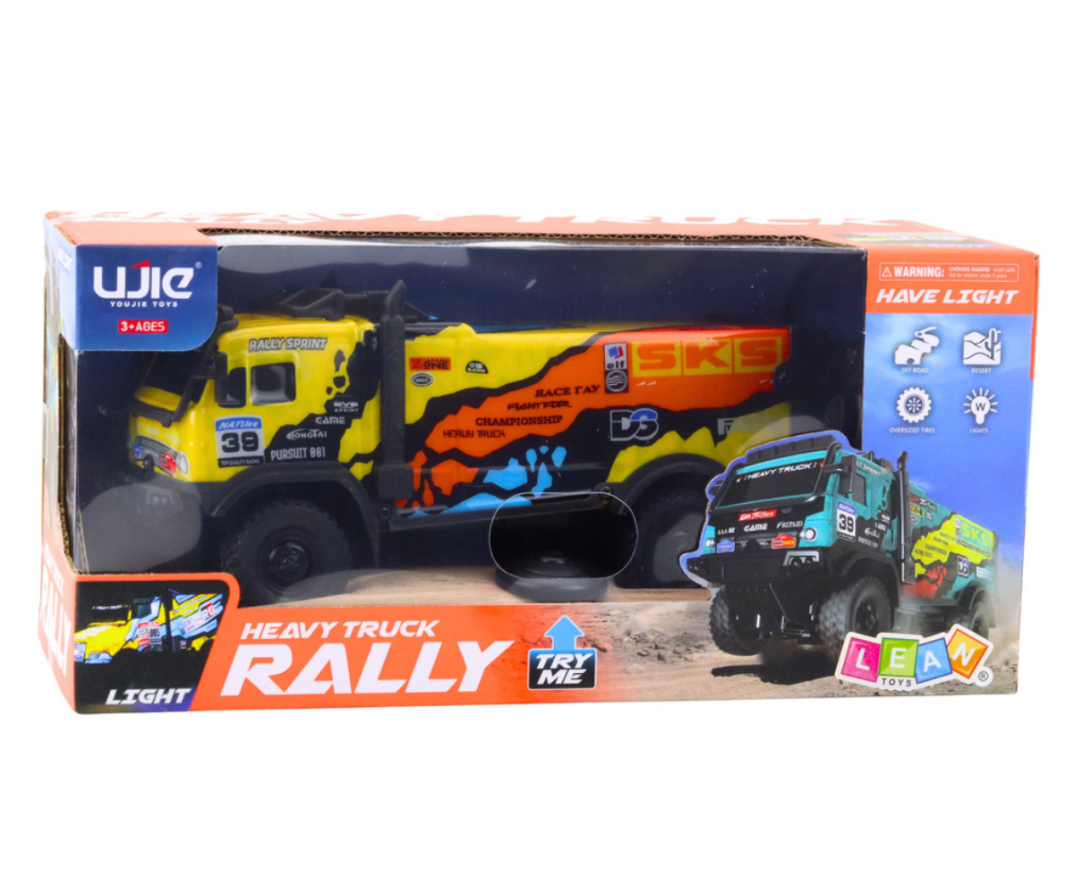 RC truck komplekt – kollane veoauto koos pult ja juhtmega signaaliga pakendis