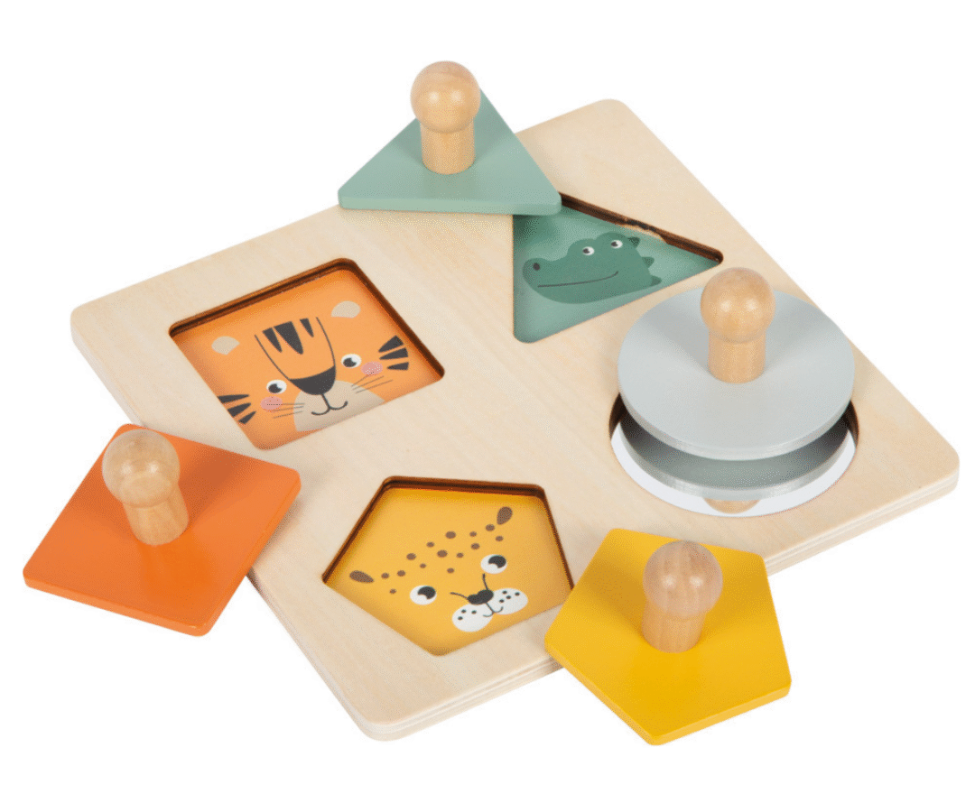 Montessori pusle kujundite ja piltidega koos loomamotiivide ja peegliga