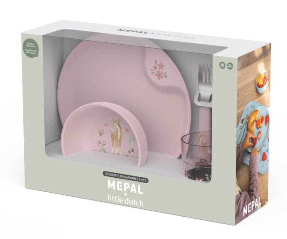 Roosa laste taldrik, kauss ja joogitops Fairy Garden kollektsioonist