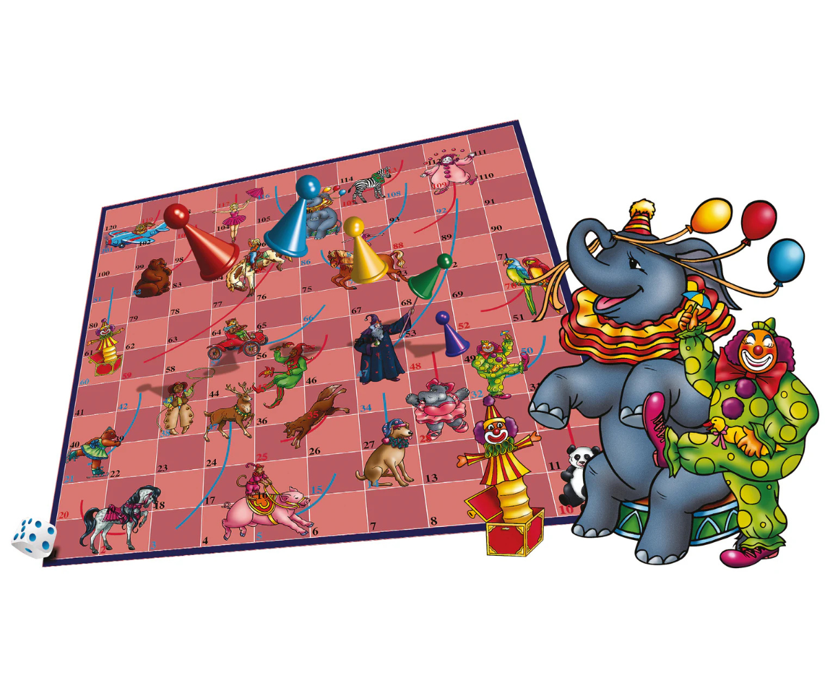 Lapsed mängivad Tactic lauamängu Tsirkus ja veeretavad täringut lõbusal mängurajal