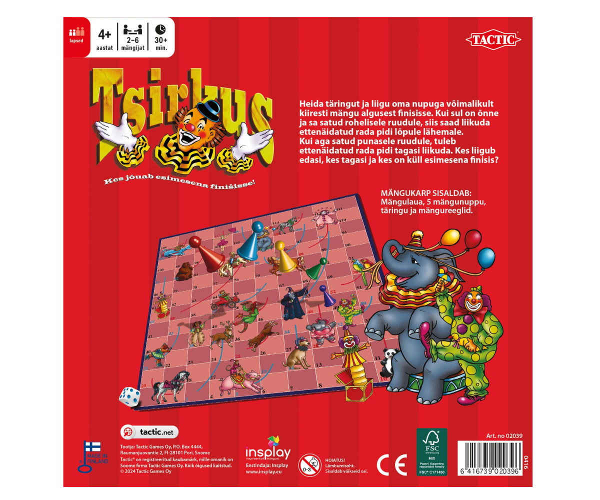 Tsirkuse teemaline Tactic lauamäng, mängunupud ja täring laual valmis mänguks