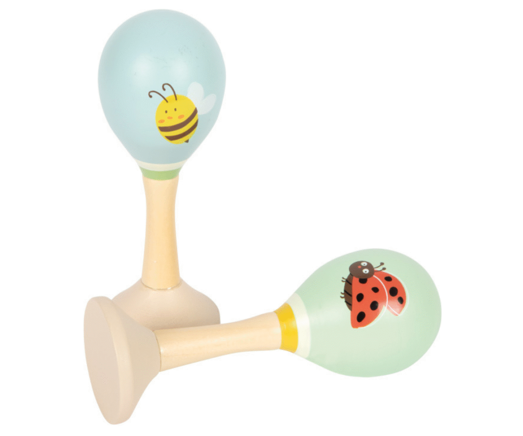 Puidust marakad mesilase ja lepatriinu motiividega – arendav muusikamänguasi beebile