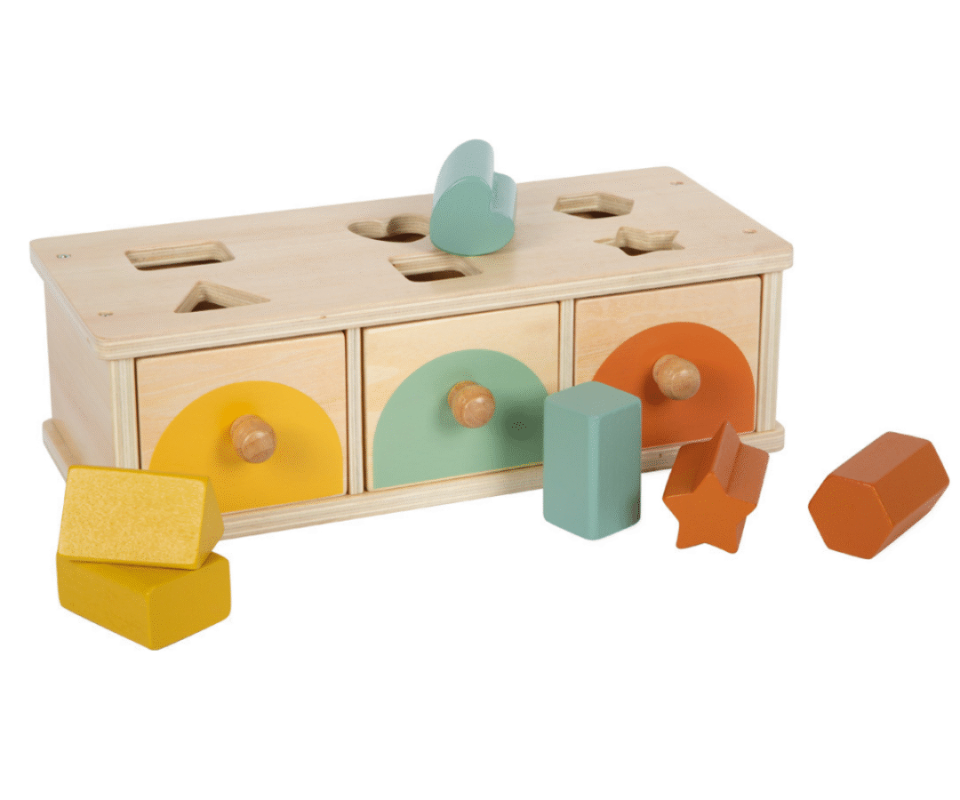 Montessori sorteerimismäng kolme värvilise sahtli ja kuue kujundiga