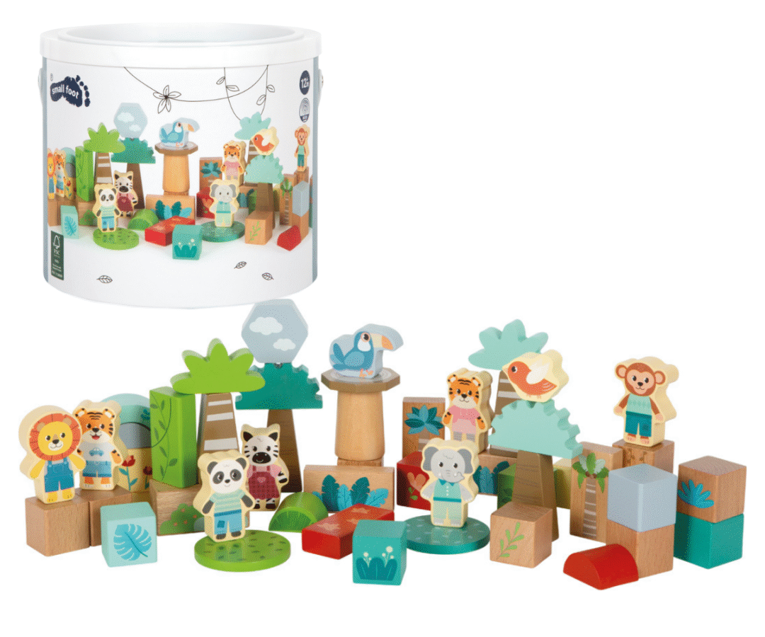 Jungle Friends puidust ehitusklotsid koos värviliste loomadega