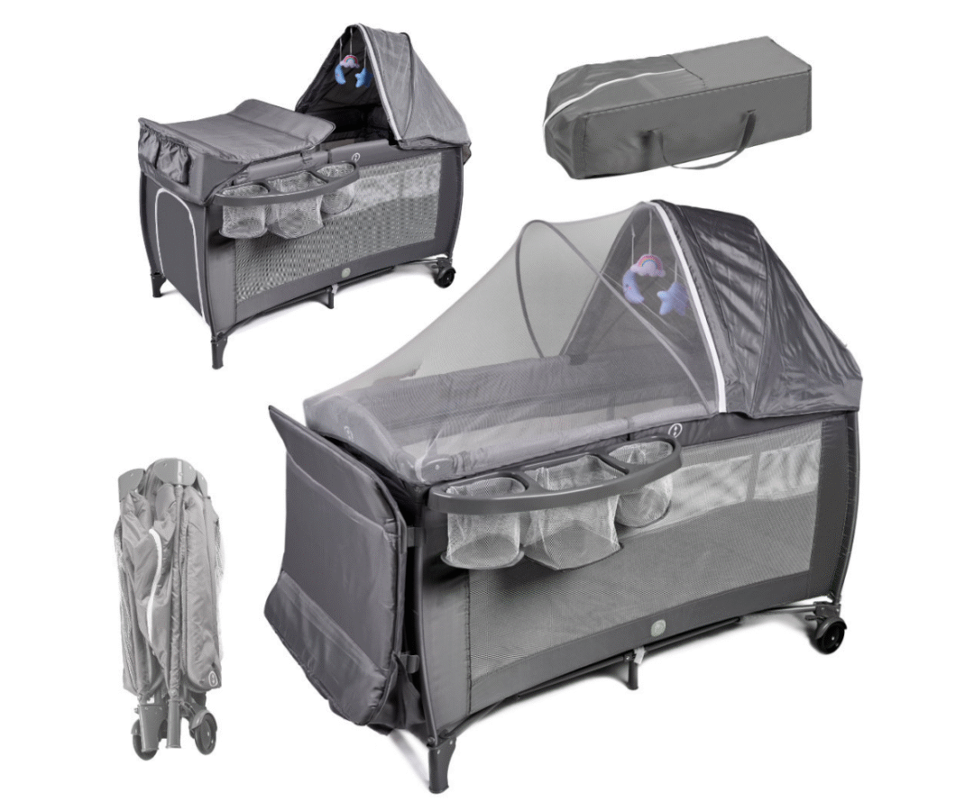 Reisivoodi beebile mähkimisalusega ja baldahhiiniga hall-valges toonis