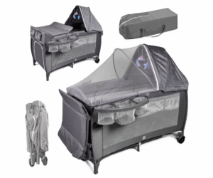 Reisivoodi beebile mähkimisalusega ja baldahhiiniga hall-valges toonis