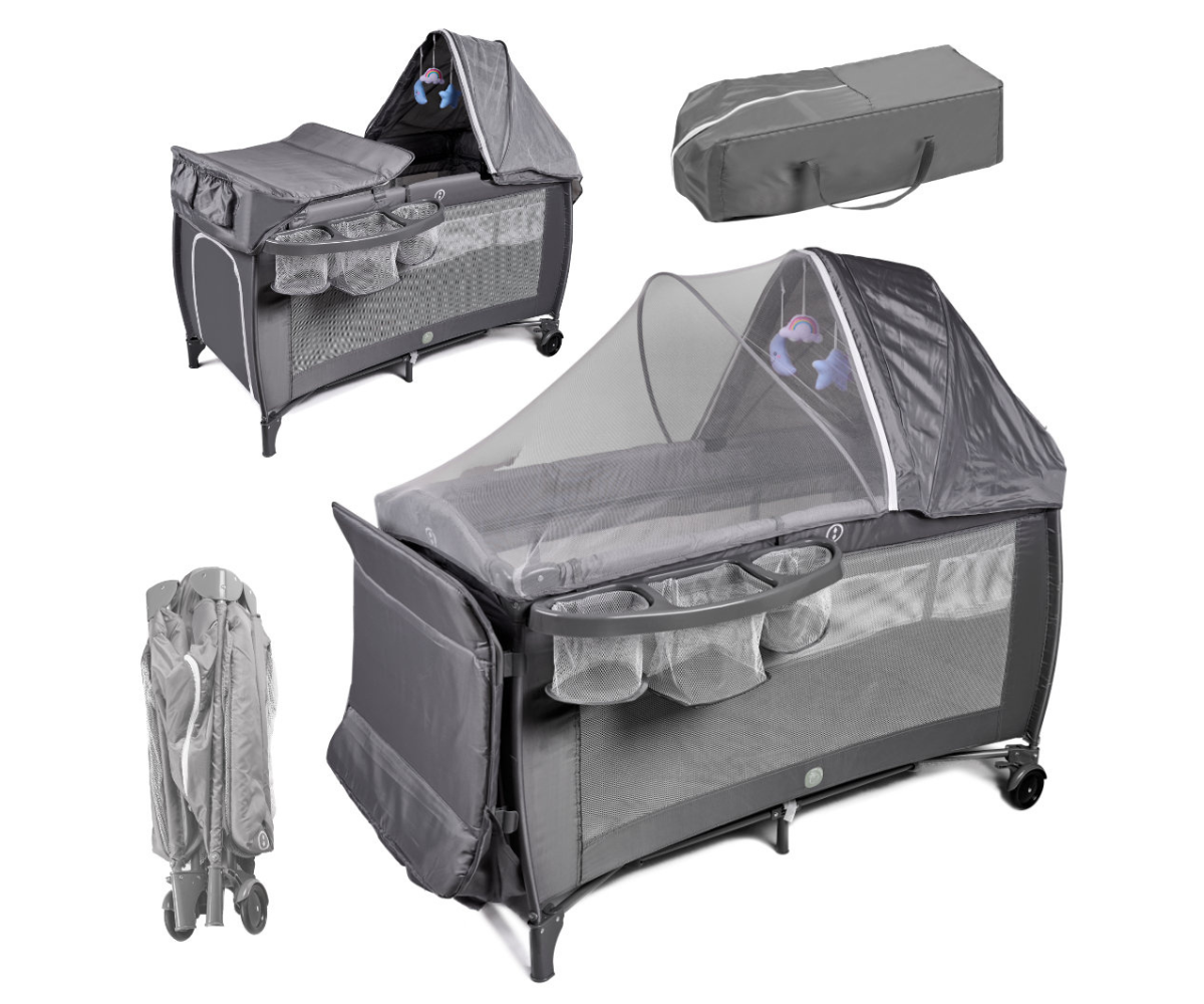 Reisivoodi beebile mähkimisalusega ja baldahhiiniga hall-valges toonis