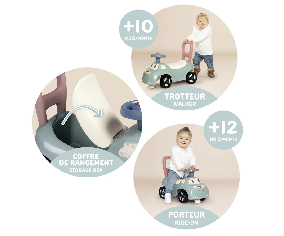 Smoby pealeistutav auto väikelastele mugava istme ja rooliga