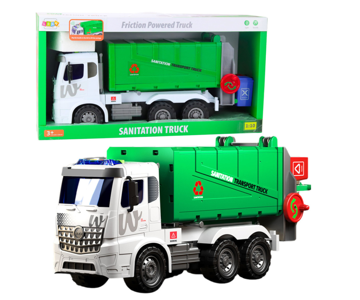 Suur roheline prügiveoauto lastele tulede ja heliefektidega