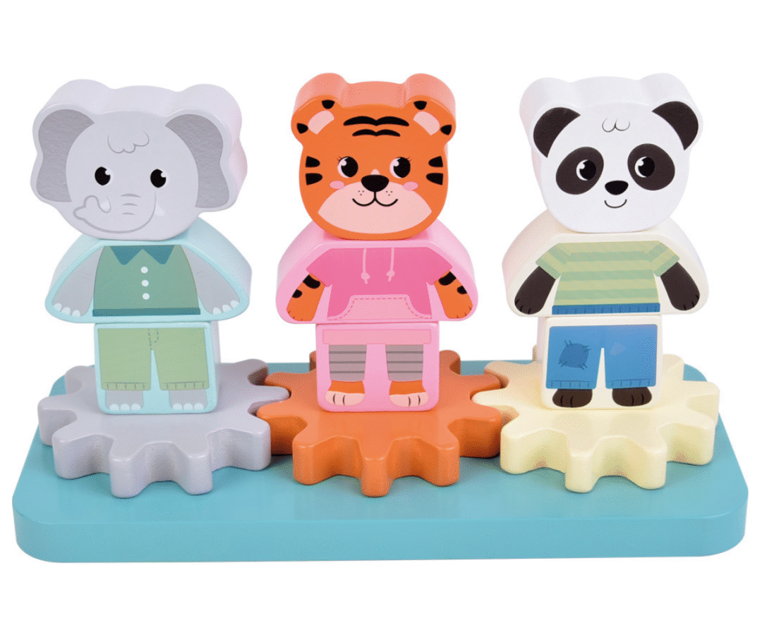 Jungle Friends virnastamismäng hammasratastega ja kolme loomaga