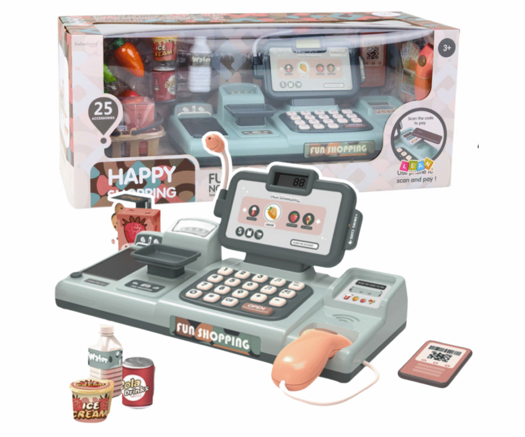 Laste mängukassa mikrofoniga – 25-osaline komplekt koos erinevate toidupakkide ja kellaga