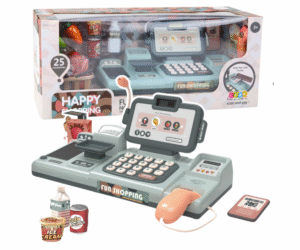 Laste mängukassa mikrofoniga – 25-osaline komplekt koos erinevate toidupakkide ja kellaga