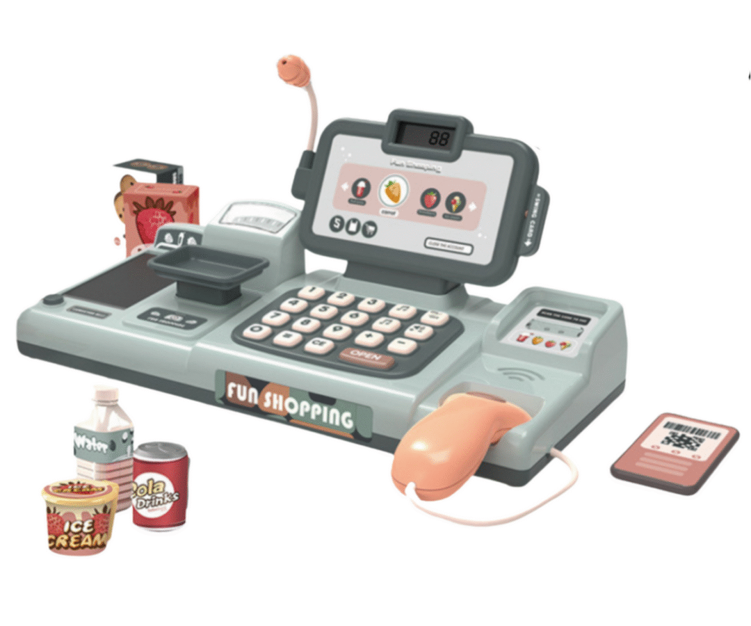 Laste mängukassa mikrofoniga – 25-osaline komplekt, millel on toidupakkide ja funktsionaalne ekraan