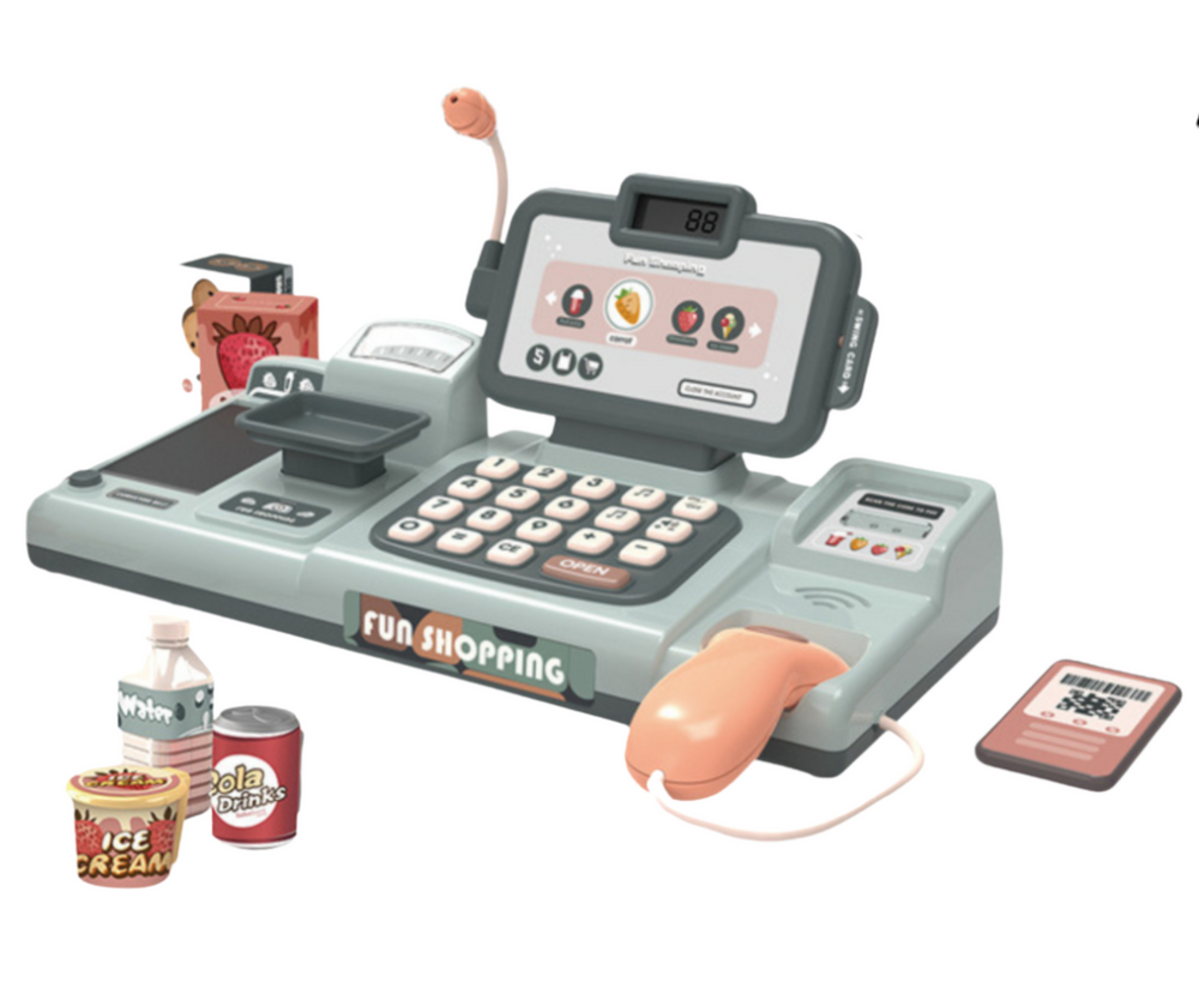 Laste mängukassa mikrofoniga – 25-osaline komplekt, millel on toidupakkide ja funktsionaalne ekraan