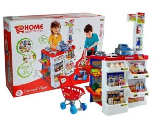 Laste mängupood ostukäruga – 24-osaline komplekt pakendis, sisaldab erinevaid tooteid ja mänguasi.