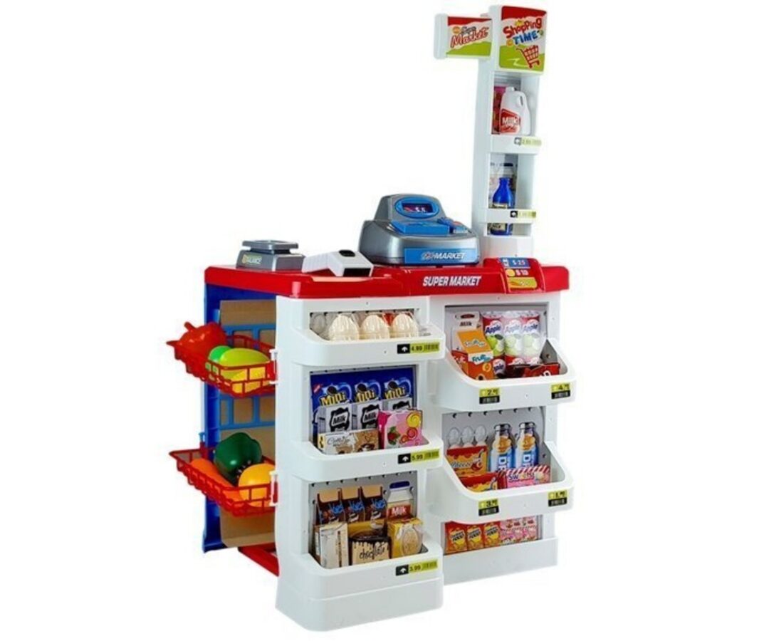 Laste mängupood ostukäruga – 24-osaline komplekt, mängupoe loendur, millel on erinevad toidukaubad.