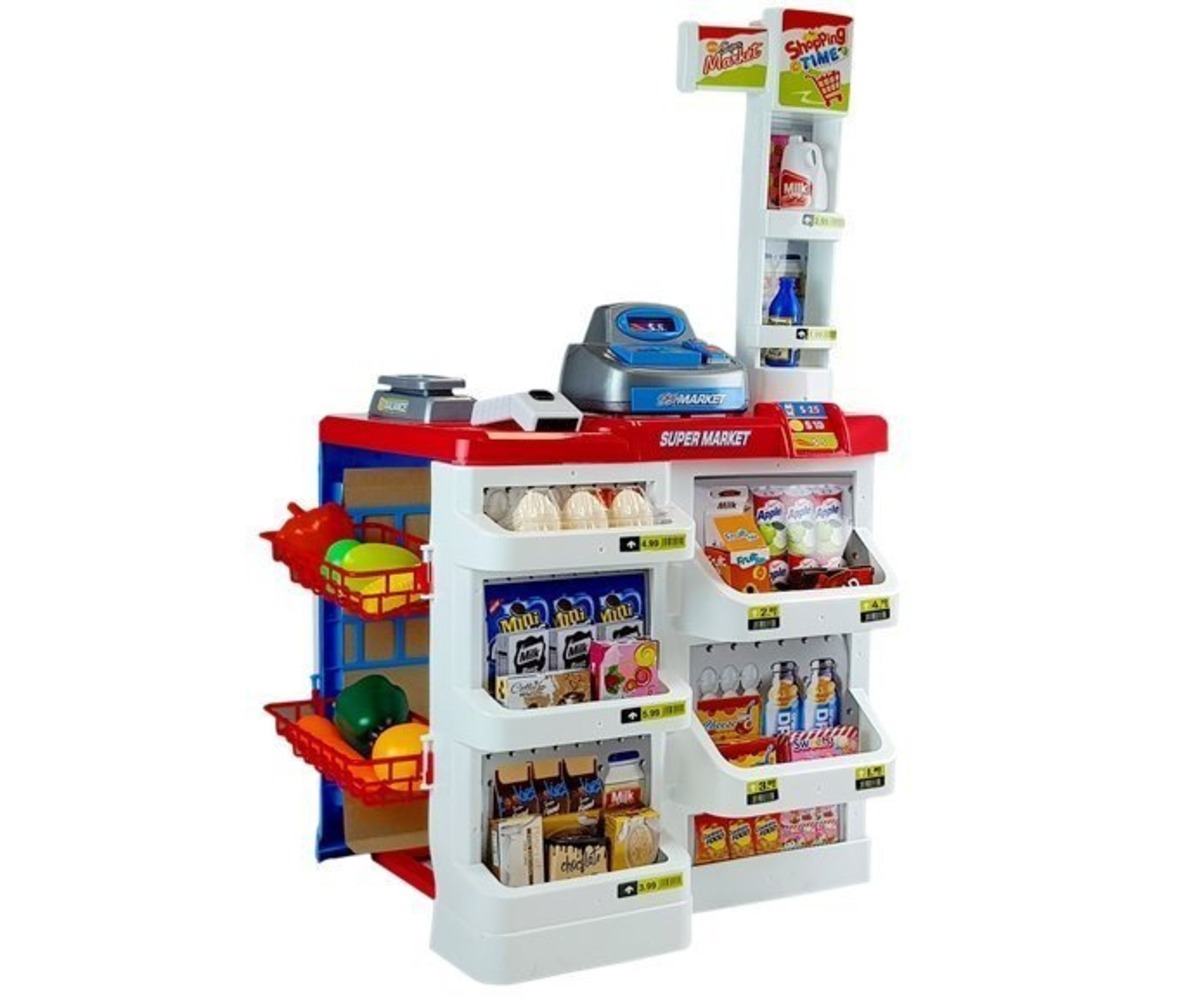 Laste mängupood ostukäruga – 24-osaline komplekt, mängupoe loendur, millel on erinevad toidukaubad.