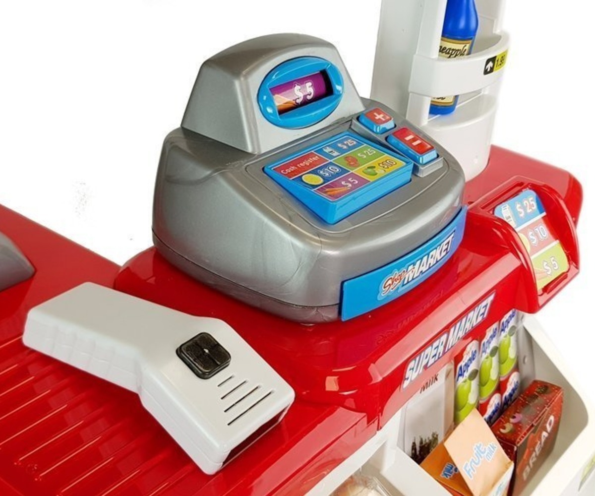 Laste mängupood ostukäruga – 24-osaline komplekt, kassasüsteem, mis sisaldab numbriklahve ja ekraani.