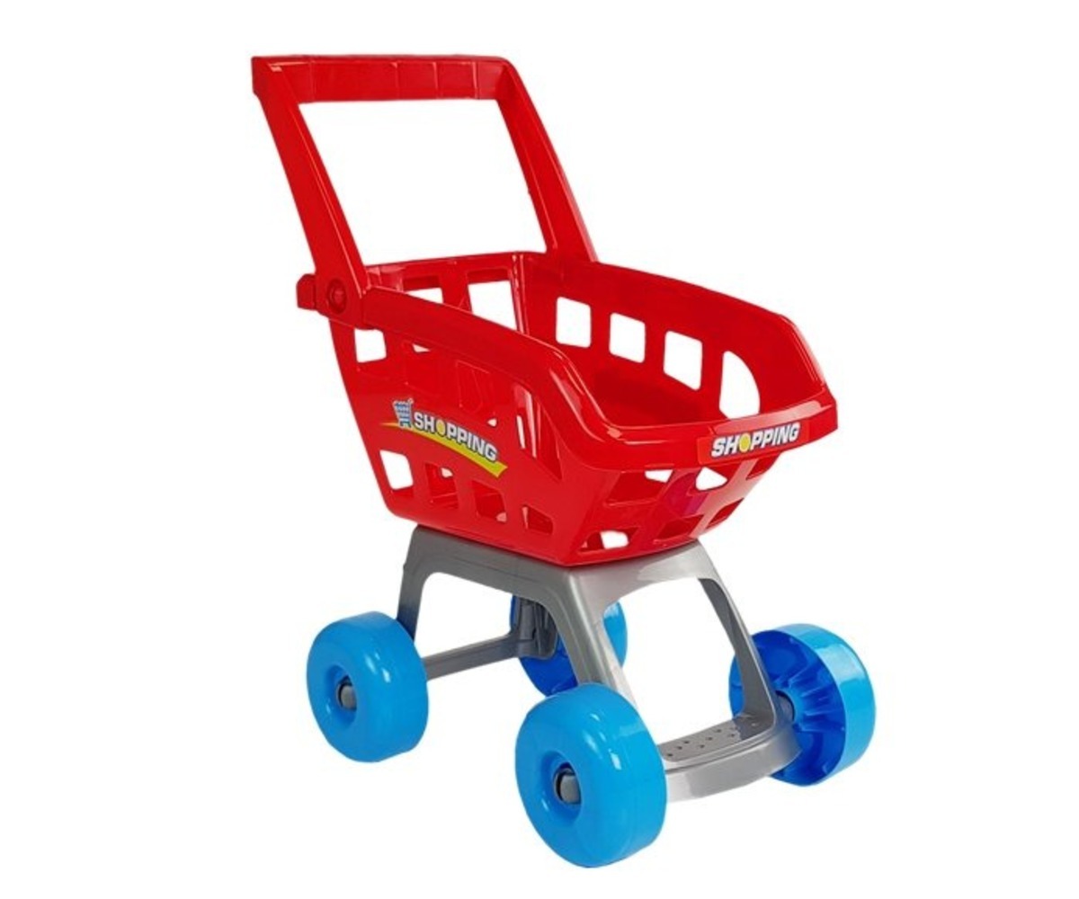 Laste mängupood ostukäruga – 24-osaline komplekt, plastmassist punane ostukäru, ideaalne mängimiseks.