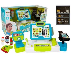 Laste mängukassa kaaluga – sinakasroheline komplekt, sealhulgas kassaaparaat.