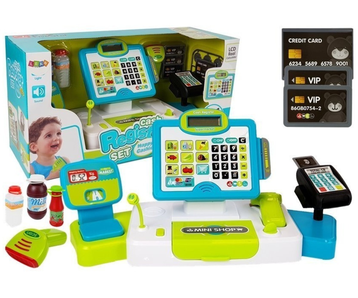Laste mängukassa kaaluga – sinakasroheline komplekt, sealhulgas kassaaparaat.