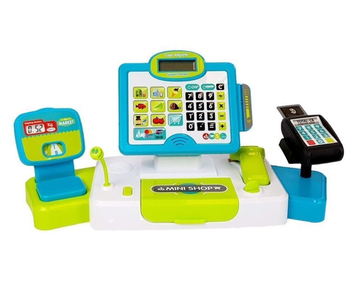 Laste mängukassa kaaluga – sinakasroheline, kassaaparaat koos kaaluga ja makse seadmega.