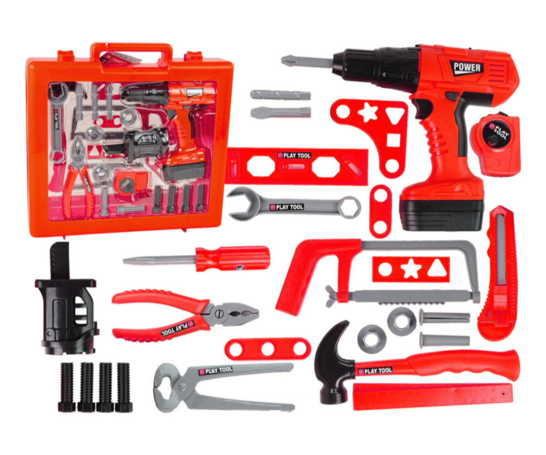 Laste tööriistakomplekt – akutrell, haamer ja saag (27 osa) koos erinevate tööriistadega.