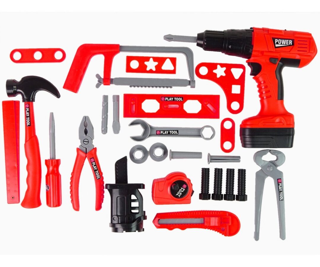 Laste tööriistakomplekt – akutrell, haamer ja saag (27 osa) detailne ülevaade tööriistadest.