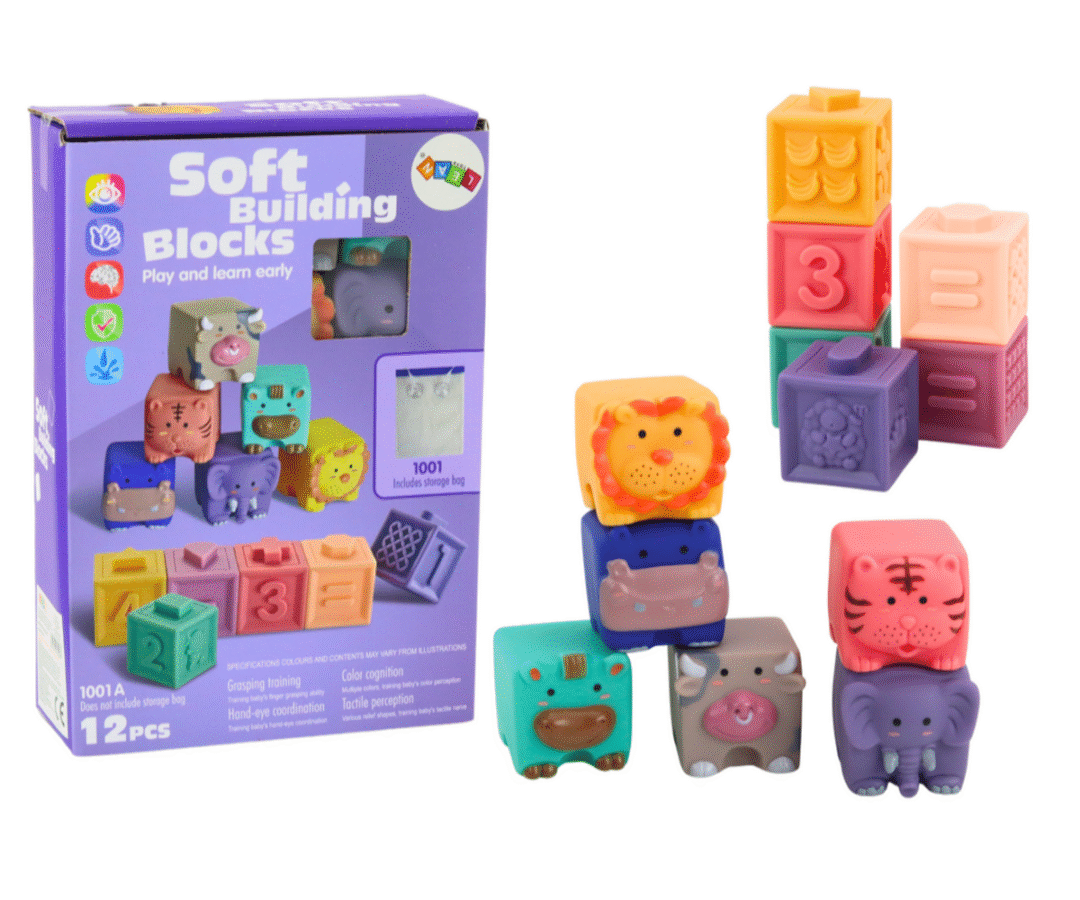 Pehmed harivad klotsid – numbrid ja tähed (12tk) erinevatest värvidest ja loomade nägudega