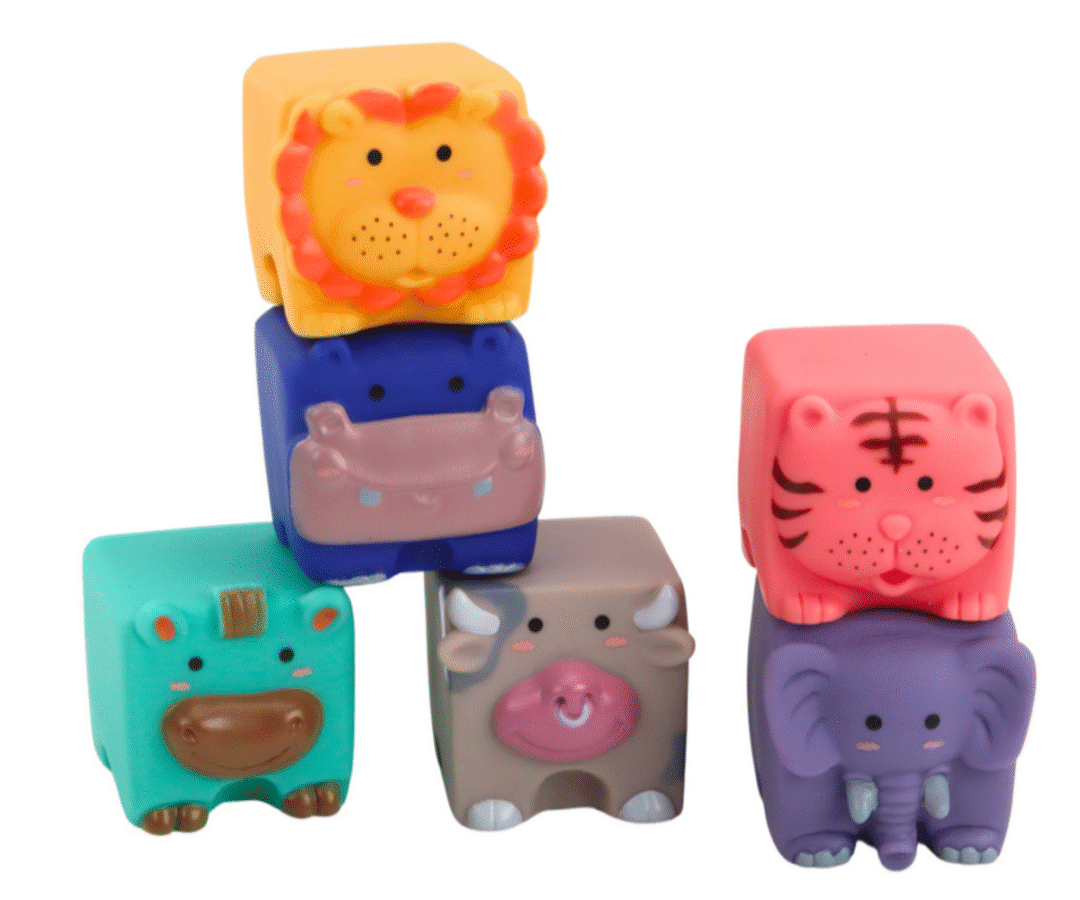 Pehmed harivad klotsid – numbrid ja tähed (12tk) koos loomade nägudega, mis arendavad laste loovust