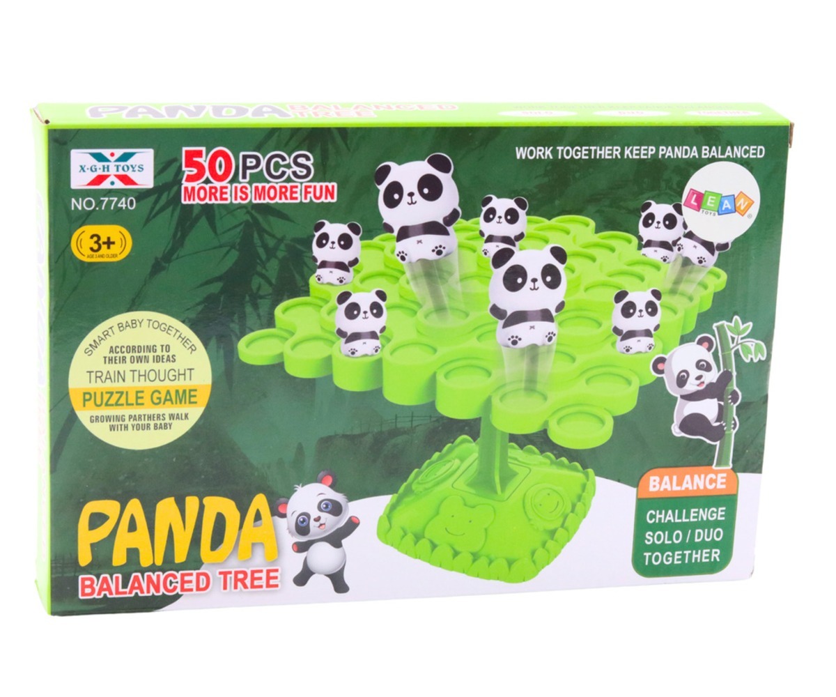 Pakend Tasakaalumäng Pandad – 50-osaline osavusmäng koos pandadega ja mänguelementide kirjeldus.