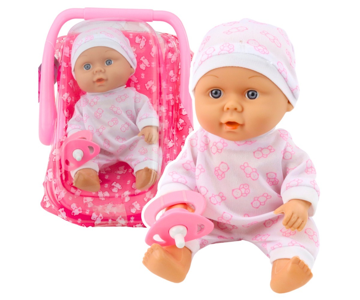 Beebinukk 20cm kandekorvis – väikestele hoolitsejatele, roosa korviga ja lutiga.